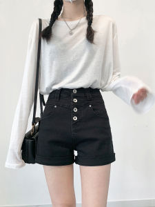 Zhang Feifei High Waist A-Line Wide Leg Black Denim Shorts Womens Summer Elastic Slimming Hot Pants High Waist Straight Cut