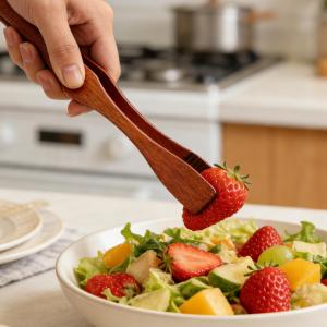 YESPERY Wooden Cooking Kitchen Tongs Food Tongs Anti-slip Handle Durable Salad Bacon Steak Bread Cake Clip Pastry Clamp Food BBQ Tool