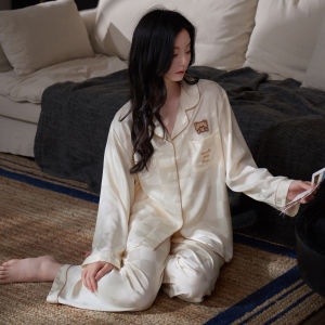 LEZIMENG | Soft Ice Silk Womens Long Sleeve Sleepwear Set