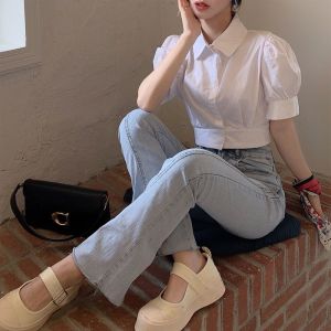 Korean Summer Puff sleeve White Shirt Cropped Women Elegant Youth Collar Blouses Clothes Preppy  Short sleeve Cute Top