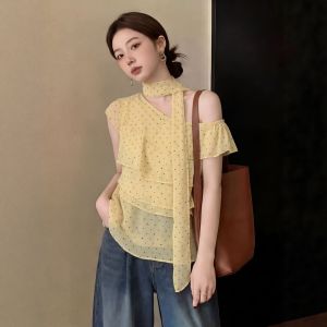 Plus Size Spaghetti Strap Short Sleeve Off Shoulder Chiffon Blouse