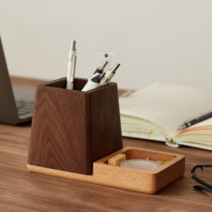 Japanese Style Luxury Walnut Wood Pen Holder Large Capacity Office Desktop Multi-Function Student Stationery Cosmetic Brush Storage