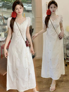 French Lace Maternity Dress Summer New Loose High-End Gentle Fish Tail A-Line Midi Skirt Soft Fabric Short Sleeve V-Neck Dress