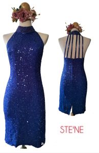 เดรสสีน้ำเงิน Navy blue (F29) คอปีนปักปล้องและเลื่อม ผ้าไหมผสม(อินเดีย) แบรนด์มือสอง :Size S (34-28-38)