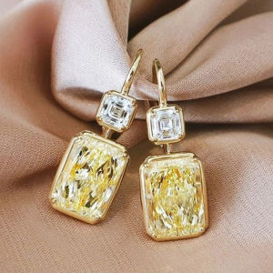 Huitan Simple Stylish Square Yellow Cubic Zirconia Hook Earrings Luxury Gold Color Womens Wedding Drop Earrings Fashion Jewelry