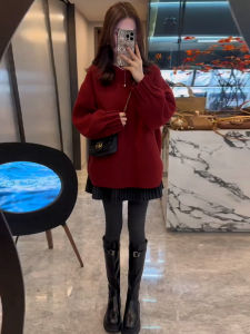 Christmas Red Sweater Womens Winter Lazy Style Inner Wear Top High Waist Short Skirt Fashion Set Polyester Fiber Machine Sewn