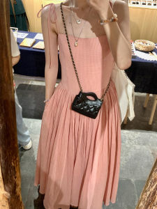 Karrar betsey | Summer New Pink French Style Sweetness Womens Dress Strapless Waist Cinched Beautiful Long Skirt A-Line Cotton Polyester Blend