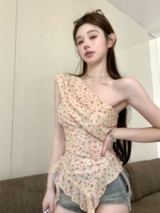 GUZILIAN | French Design Off-Shoulder Floral Print Sleeveless Vest Womens Spring Summer Irregular Pure Desire Sweet And Spicy Body Shape Top