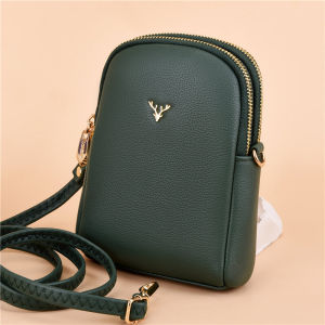 Fashionable Minimalist Litchi Pattern Crossbody Phone Bag Womens Double Layer Shoulder Bag Vertical Shape Soft Surface Zipper Closure