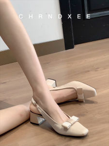 Elegant French Satin Butterfly Knot Head Cover Sandals Womens Spring Summer New Genuine Leather Strap Thick Heel High Heels