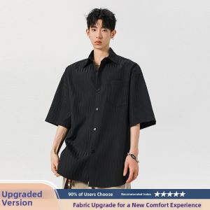 Textured Short Sleeve Mens Shirt Summer Ice Silk Cool Casual Half Sleeve Top American Trend Black Shirt Jacket Loose Fit