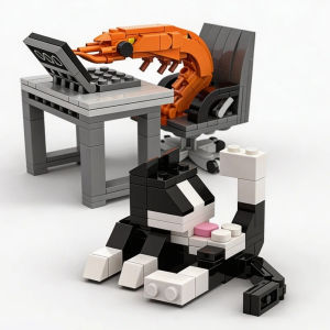 Funny Working Shrimp & Cat MOC Building Blocks Set DIY Creative Animal Figures Bricks Model Desk Decor Novelty Gift for Adults