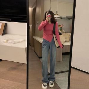 Slim Fit Short Sleeve T-Shirt Korean Design Side Slit Base Layer Top for Women Spring Autumn Fashion Commute round Neck Long Sleeve