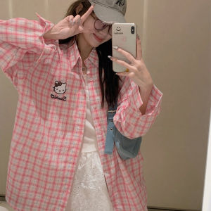 Early Autumn Cartoon Hello Kitty Three-Dimensional Bows Pink Plaid Shirt Female Dongdaemun Long Sleeves Tops Sweet College Style