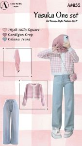 One Set Setelan Korean Style Wanita (Cardigan + Celana Jeans + Shoulder Bag + Bella Square) AM132n