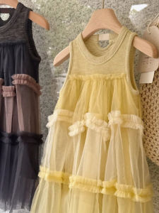 Korean Style Summer New Fresh Wood Grain Edge Princess Dress Girls Vest Skirt Holiday Style Mesh Gown for Children