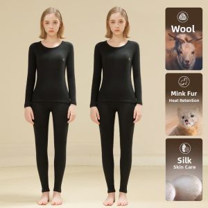 Miiow | Warm Underwear Set For Women MiiOW Brand Wool And Fox Fur Lined Long Sleeve Round Neck Pure Color Thickened Base Layer Clothes