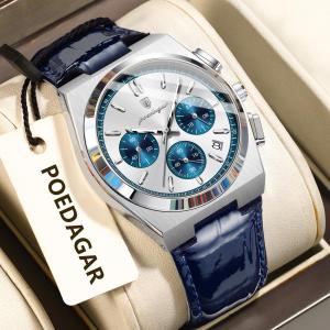 POEDAGAR Luxury Classic Mens Watch Waterproof Luminous Chronograph Date Quartz Man Clock Fashion Sports Leather Watches For Men