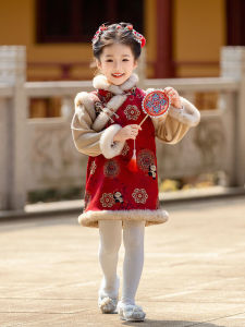 Thickened Fleece Winter Childrens Cheongsam Dress Traditional Chinese New Year Baby Clothes Toddler Girls Hanfu Costume