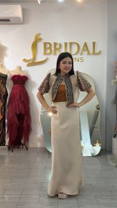 Modern Filipiniana Bolero With Ethnic Pattern Design And Chinese Collar For Woman