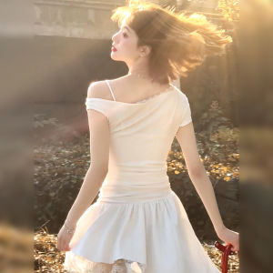 QINWEIYU | Date Night Short Lace Dress Irregular Shoulder Design Sweet Style High Waist A-Line Skirt Summer New Arrivals For Young Women