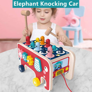 Wooden Hammering and Pounding Toys Nail Hammer Stool Pull Along Elephant Gopher Toy Desktop Hitting