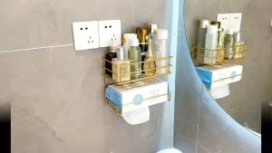 Home Gold Bathroom Shelf Punch-Free Shelves Shower Storage Wall Mounted Rack Luxury Toilet Paper Cosmetic Accessories Organizer
