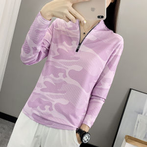 Outdoor Quick-Drying T-shirt Womens Sports Running Long Sleeve Spring & Fall Hiking Sweat-Absorbent Breathable Elastic Stand Collar Camouflage Quick-Dry Clothes