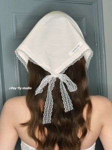 Fashionable Pure Color Triangle Scarf Headscarf with Lace Edge Butterfly Knot Versatile Spring Summer Korean Style Cotton Fabric