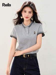 puella | Simplicity Embroidery Grey Polo Neck Versatile Short Sleeve T-Shirts