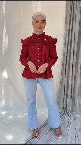 Smoke Blouse Kerut Panjang Kancing Depan Baju Daily Kemeja Basic Polos Wanita Hijab