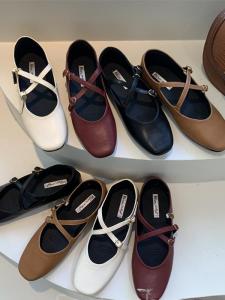 รองเท้าบัลเลต์ Mary Janes สไตล์เกาหลี หัวเหลี่ยม สายรัดแบบไขว้ ทรงสูง รองเท้าผู้หญิง สไตล์ย้อนยุคฝรั่งเศส รองเท้าผู้หญิง