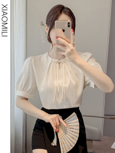 Light National Style Pearl Buckle Satin Shirt Womens Summer New Chinese round Neck Short Sleeve Shirt Fancy Beige Coat