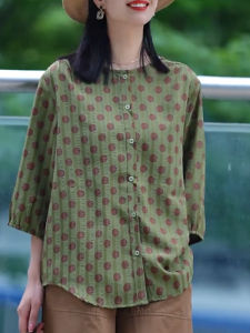 UYFY | Green Polka Dot Round Neck Seven Sleeve Womens Shirt Commute Fashion Summer New Style Versatile Large Size Top Uyfy Brand