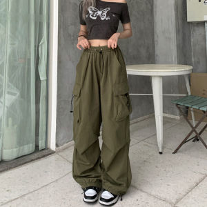 Women Leisure Cargo Pants Loose Straight Wide Leg Pants Large Pocket Vintage Ankle Banded Pants