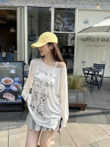 Loose Summer Korean Style Silk T-Shirt Womens Printed Sunshade Cover up Top High Waist Long Sleeve Casual Fashion T1-10317