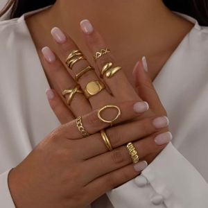 Ingemark | Ingemark 10Pcs/Set Vintage Smooth Water Drop Open Rings for Women Creative Metal Gold Color Finger Rings Daily Jewelry Gift New
