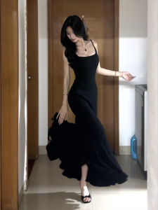 SUHUIQIAN | Black Sleeveless Fishtail Slim Dress with Lotus Pattern