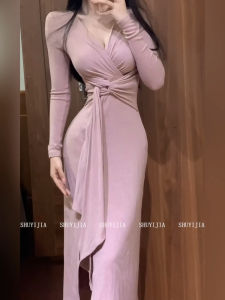 Syj Comfortable plus Size Womens Pink V-neck Long Dress French Gentle Style Slimming Split Design High Waist Korean Style