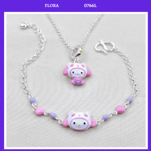 FLORA 0766L - Set bạc dây chuyền lắc tay hình thỏ My Melody màu hồng dành cho bé gái