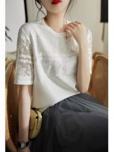 Summer Lace Stitching Round Neck Short Sleeve T-shirt