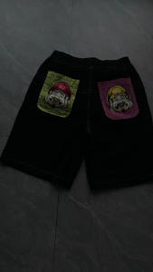 Men Y2K Black Denim Shorts Elastic Waist Graphic Printed Back Pocket Loose Streetwear Maong Shorts