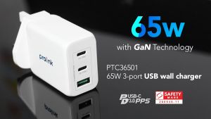 Củ sạc nhanh 65W PROLiNK PTC36501 3 cổng (USB-A QC 3.0 & 2USB-C PD 3.0) IntelliSense dùng cho điện thoại iPad Laptop