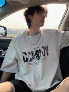 Casual Short Sleeve Mens T-shirt Heavyweight High Street American INS Trendy Brand Handsome Letter Print Loose Fit Summer Top