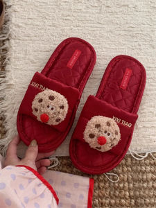 Dép Cotton Lanh Màu Đỏ Mũi Tròn Cho Cặp Đôi Mới Cưới Dùng Trong Nhà Mùa Đông PVC Đế 15cm-35cm Dép Đi Trong Nhà Thoải Mái