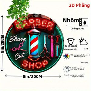 CIFbuy | Vintage Barber Neon Sign Kim Loại Treo Tường Hình Tròn Trang Trí Tiệm Hớt Tóc 2D Phẳng Phong Cách Cổ Điển