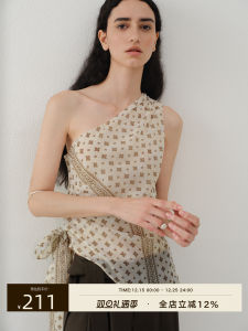 Asymmetrical Shoulder Tie- Waist Pleated Floral Print Chiffon Top Commute Style Regular Fit Thin Summer Chinese Made Womens Vest