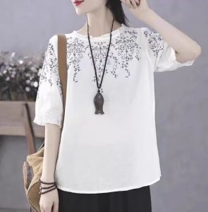 Summer 2024 Floral Print plus Size Half Sleeve Base Shirt Womens Lantern Sleeve Pocket Handkerchief T-Shirt Casual Style