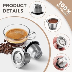 Reusable Stainless Steel Capsule for Nespresso fit Essenza Mini Inissia Pixie Mahcine Espresso Refillable Coffee Pods w Rubbers