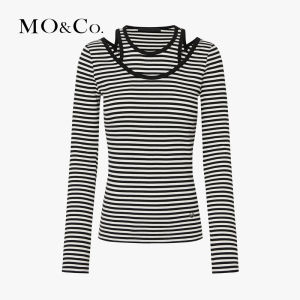 MO&Co. | Autumn Spring Two-Piece Design Waist Slimming Striped Elastic T-shirt